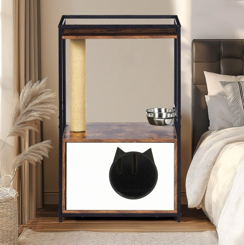 Secure-IT🔐 White Vintage Cat Tree with Integrated Feeding Station