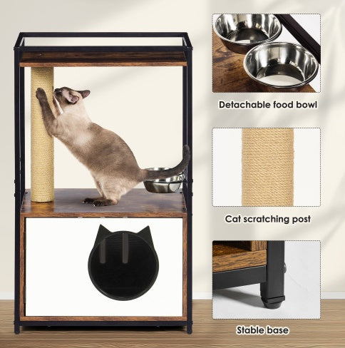 Secure-IT🔐 White Vintage Cat Tree with Integrated Feeding Station