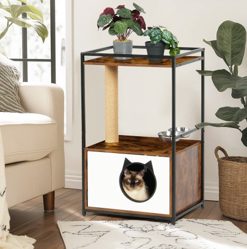 Secure-IT🔐 White Vintage Cat Tree with Integrated Feeding Station