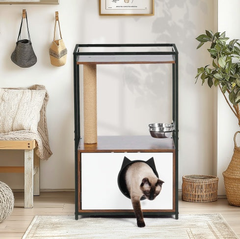 Secure-IT🔐 White Vintage Cat Tree with Integrated Feeding Station