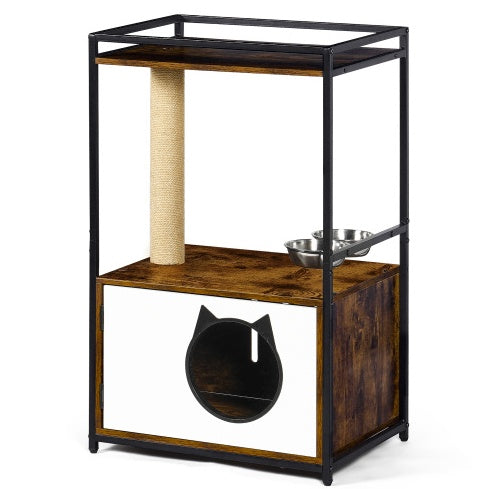 Secure-IT🔐 White Vintage Cat Tree with Integrated Feeding Station